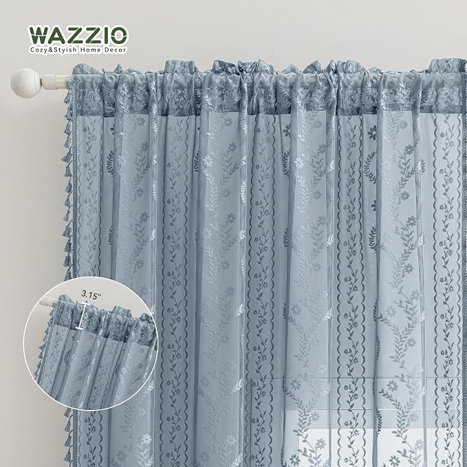 WAZZIO Boho Lace Curtains 2 Panels 84 Inch -Victorian Sheer Panel Drape French - Image 7