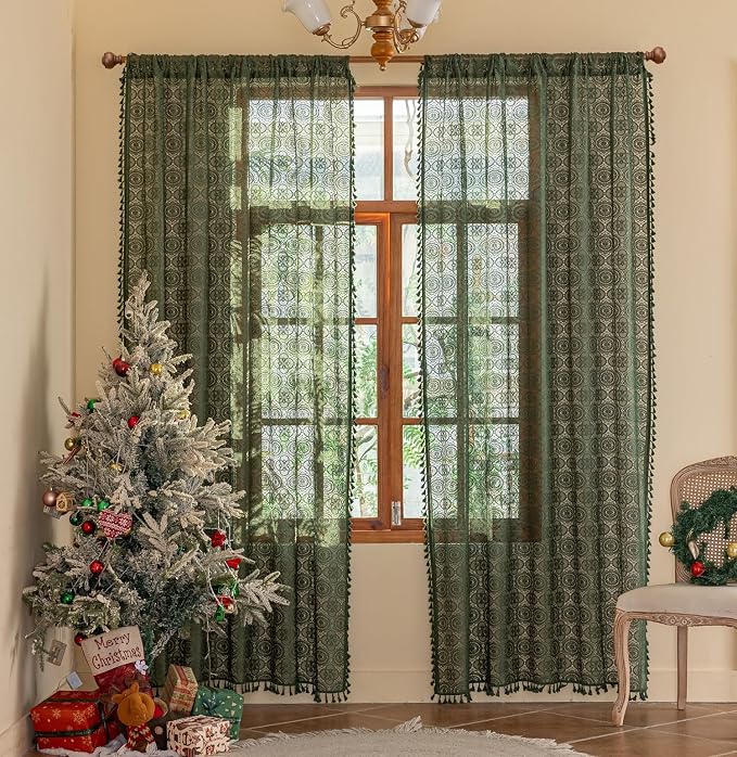 YJ YANJUN Boho Lace Curtains, Dark Green, 2 Panels | Vintage Floral Crochet - Image 6