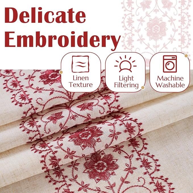 jinchan Red Floral Embroidered Linen Kitchen Curtains 54×45 Inch 2 Panels | - Image 7