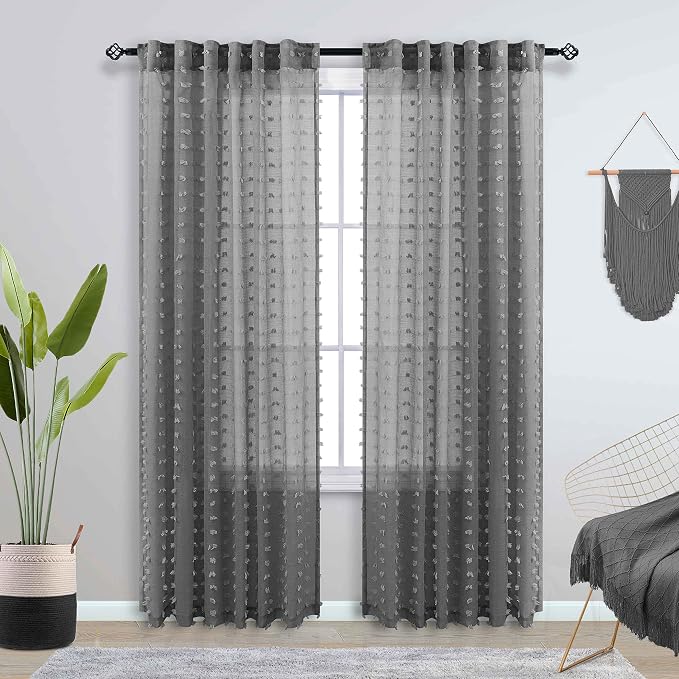 Pom pom Sheer Dark Grey Curtains - Image 2