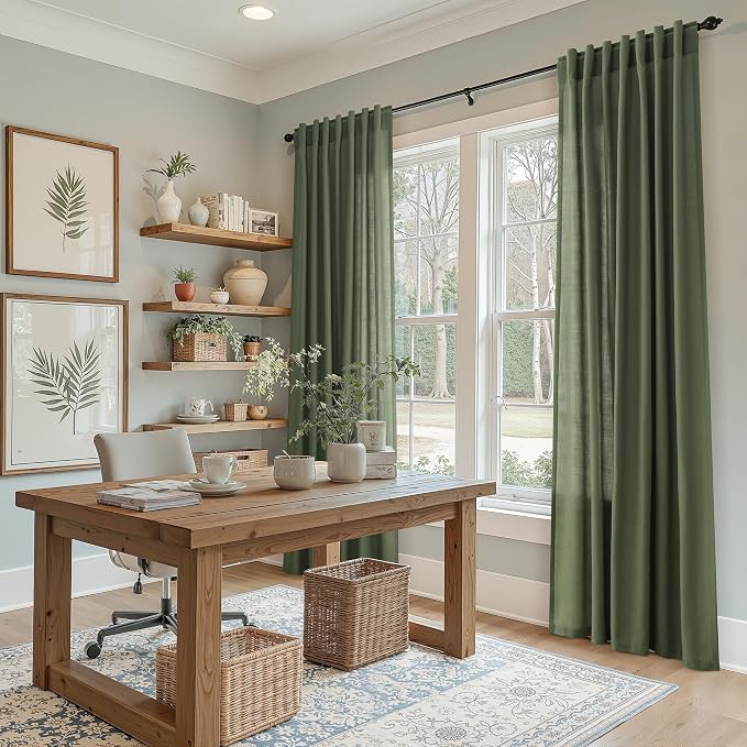 Forest Green Linen Curtains 84 Inch Length 2 Panels Set - Image 6
