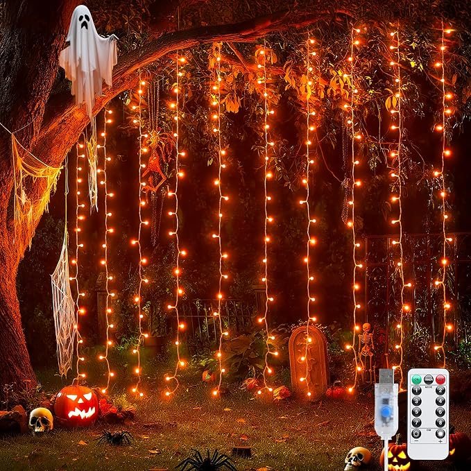 JMEXSUSS Orange Curtain Lights for Halloween, USB Plug in, 200 LED | Remote by JMEXSUSS