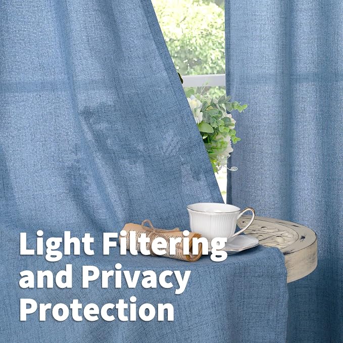 YoungsTex Blue Short Linen Curtains 45 Inches Length, Bronze Grommet Light - Image 3