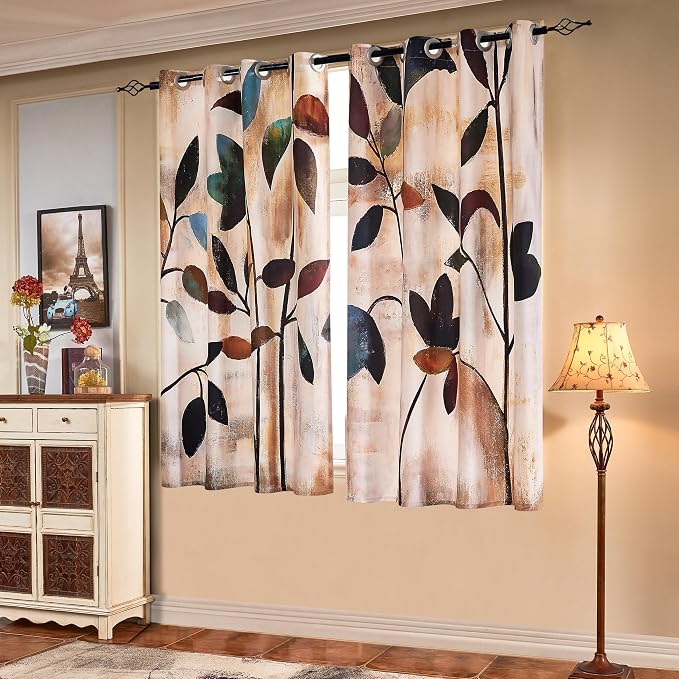 SUBRTEX Boho Leaf Printed Curtains 63 inch Long 2 Panels, Room Darkening by Subrtex