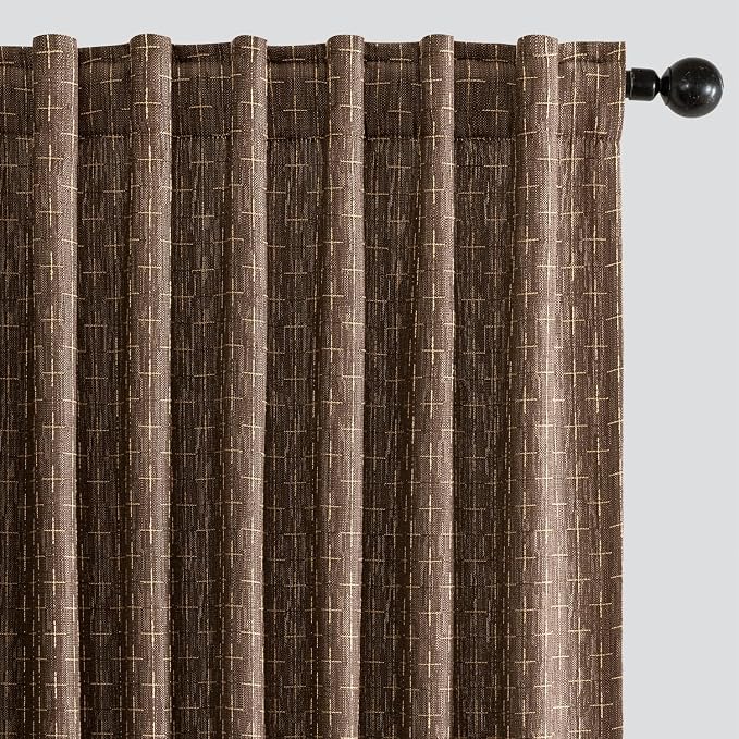 MIULEE Patterned Farmhouse Linen Curtains, Back Tab, Dark Coffeen | Linen by MIULEE