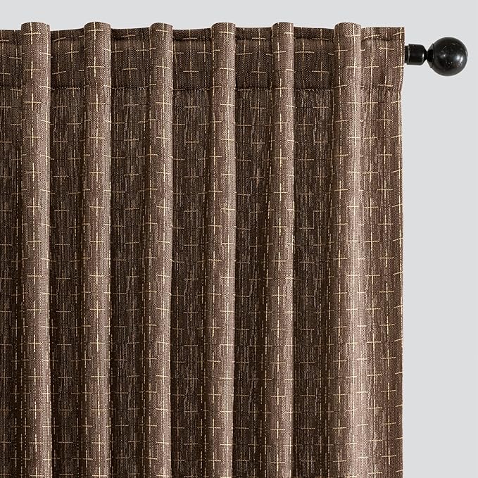 MIULEE Patterned Farmhouse Linen Curtains, Back Tab, Dark Coffee | Linen by MIULEE