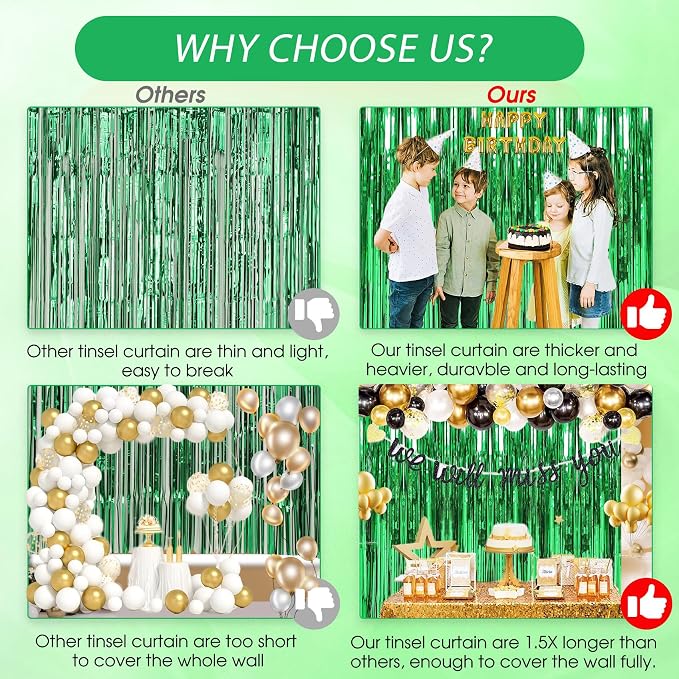 TenLaitech 3 Pack 3.3 x 9.9 ft Green Foil Fringe Curtains Party Supplies | - Image 3