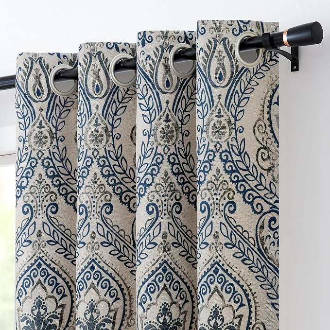 Navy Paisley Linen Textured Curtains 96 in Vintage Grommet 2 Panels | Room by Vangao