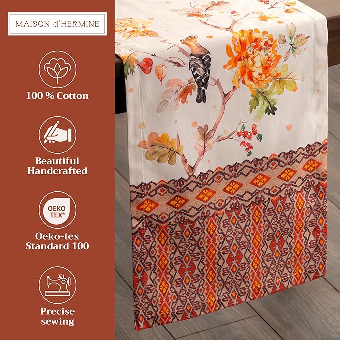 Maison d' Hermine Table Runner 100% Cotton Single Layer Table Runners 108 inches Long for Thanksgiving Christmas Decorations Home Kitchen Dining Party Wedding (Kelim - Prairie, 14.5" x 108")