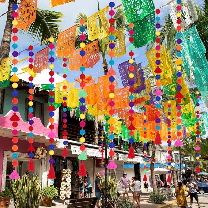 VitalCozy 12 Pcs Mexican Pom Pom Garland Colorful 59 Feet Fiesta Alter Yarn - Image 4
