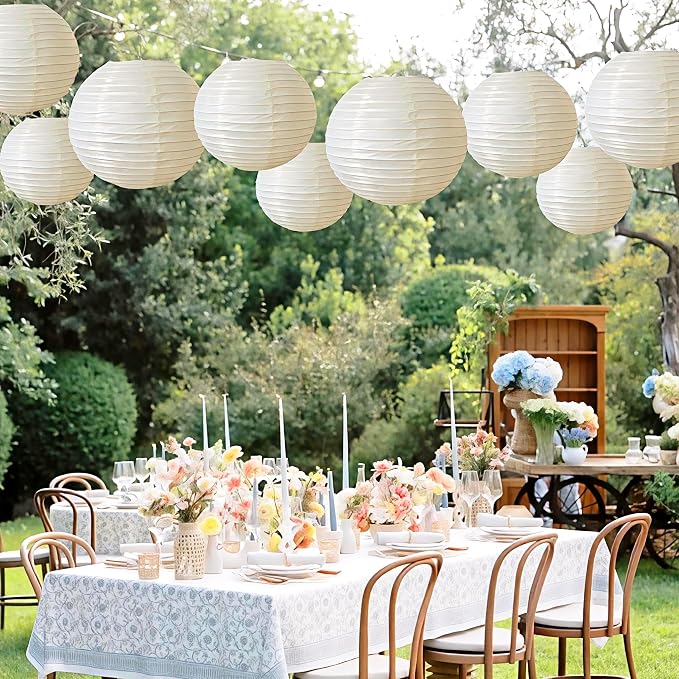 Cream Paper Lanterns 9Pcs Hanging Round Paper Lanterns Lamp - Image 8