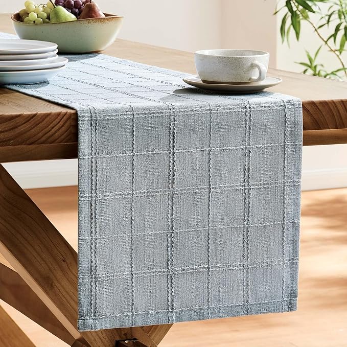 Linen Checked Farmhouse Table Runner, 13x36 Inches Chambray | Raised Grid Design - Image 4