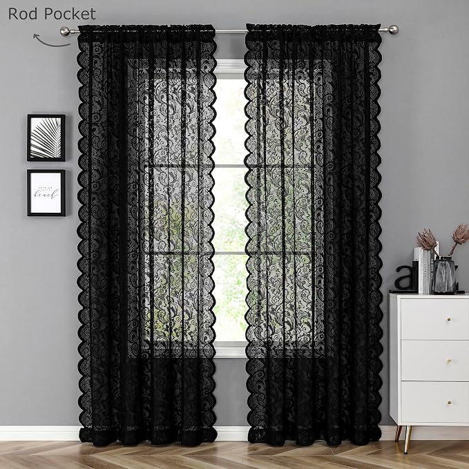 Bujasso Black Sheer Lace Curtains 102 inch Vintage Floral Sheer Window Curtain - Image 7