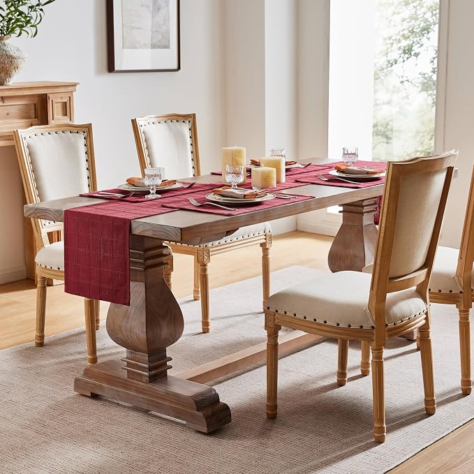 ZeeMart Linen Checked Farmhouse Table Runner, 13x72 Inches Burgundy | Raised - Image 3