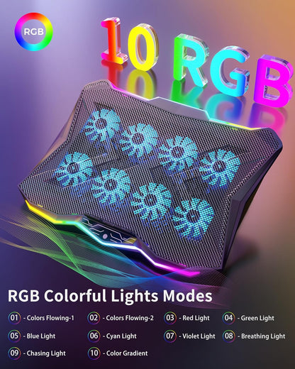 AICHESON Gaming Laptop Cooling Pad with 8 Fans, RGB Computer Stand for 15.6-17.3 Inch Notebook with 7 Height Slots, 2 USB Ports, AA3