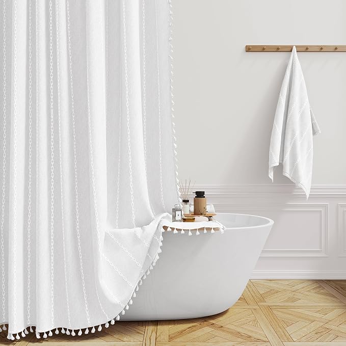 60 x 84 Boho Famrhouse Linen Heavy Duty Cloth Shower Curtain, 330GSM Linen Blend by ShowerCurtain