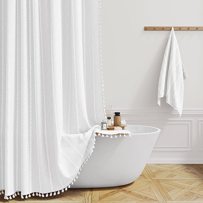 White Boho Farmhouse Linen Heavy Duty Cloth Shower Curtain Set, 72x72 | 330GSM by ShowerCurtain