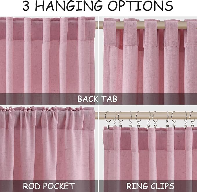 Rose Linen Curtains 102 Inches Long 2 Panel Set Back Tab Rod Pocket Semi Sheer - Image 2