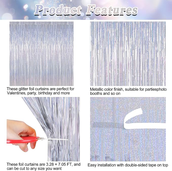 ZATAYE 12 Pack Glitter Silver New Years Eve Foil Curtain Decorations | Glitter - Image 4