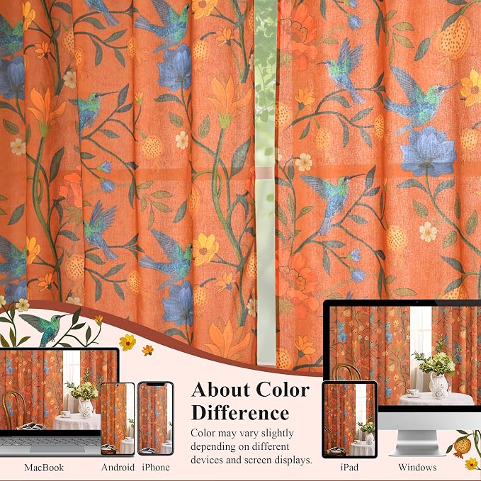 90 Inch Boho Floral Curtains Tropical Bird Print Linen Semi Sheer Window Drapes - Image 3
