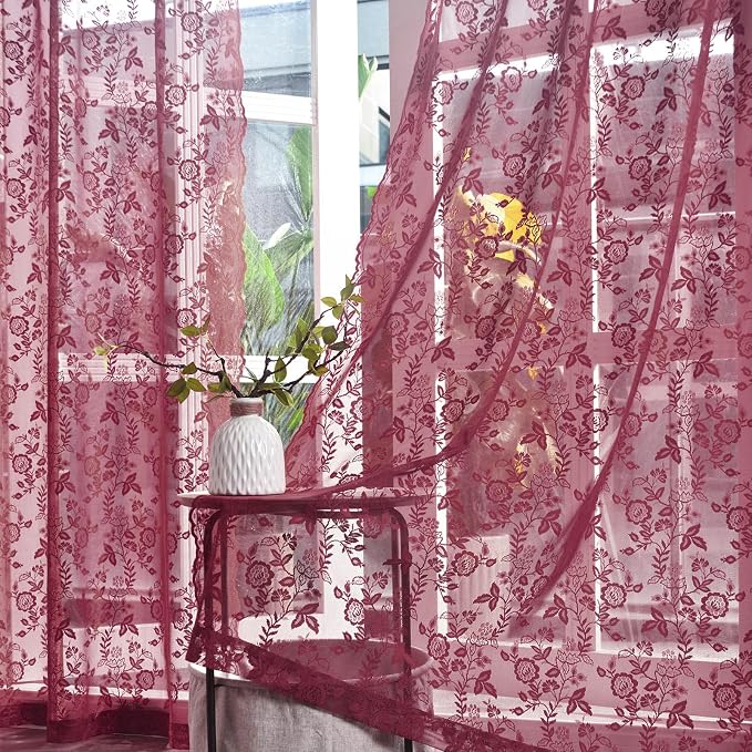 FINECITY Burgundy Lace Curtains Rustic Leaf Floral 52 x 84 Inch, 2 Panels | Rod - Image 5