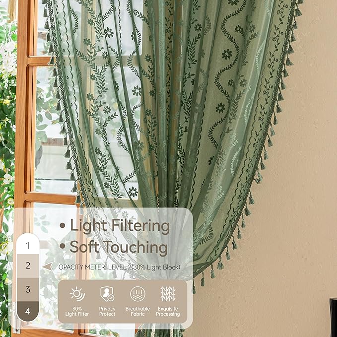 WAZZIO Boho Lace Curtains 2 Panels 96 Inches -Vintage Victorian Sheer Panel - Image 5