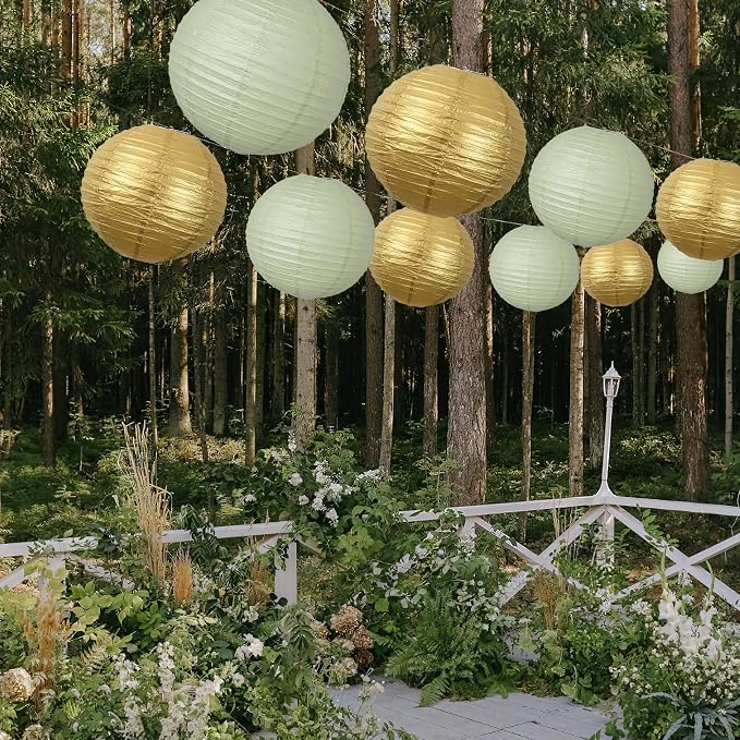 20Pcs Paper Lanterns Decorative, Sage Green and Gold 6"8"10" - Image 9