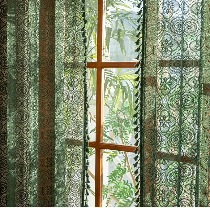 YJ YANJUN Boho Lace Curtains, Dark Green, 2 Panels | Vintage Floral Crochet - Image 3