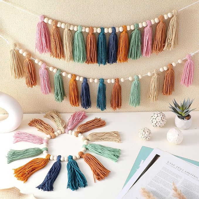 Zeyune 3 Pcs Boho Tassel Garland Boho Rainbow Wall Decor Colorful Pastel Tassel - Image 5