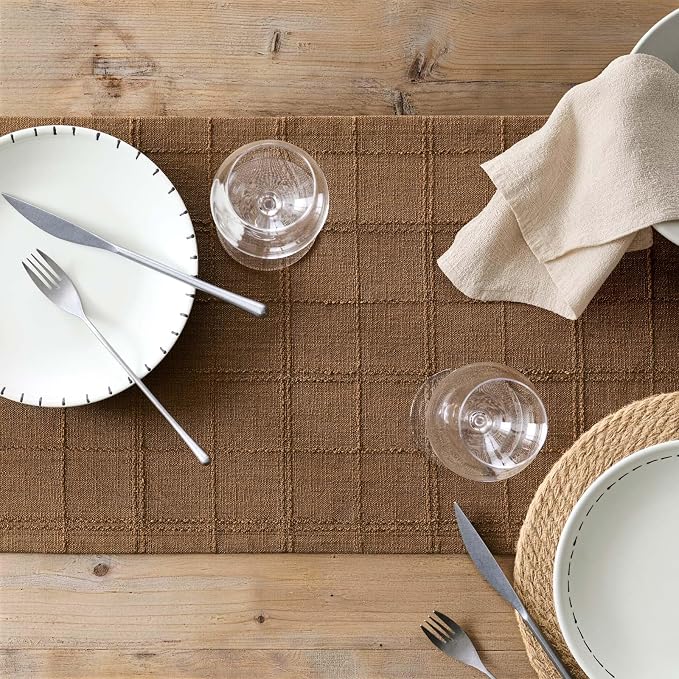 Linen Checked Farmhouse Table Runner, 13x90 Inches Roasted Brown | Raised Grid - Image 7