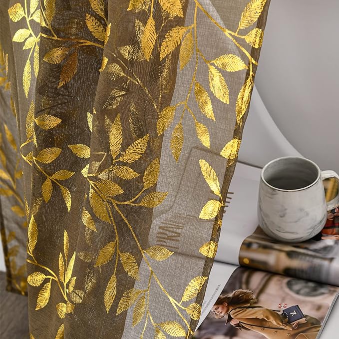 Sutuo Home Sheer Curtains 63 Inches Long 2 Panels Set, Luxury Gold Foil Print - Image 3