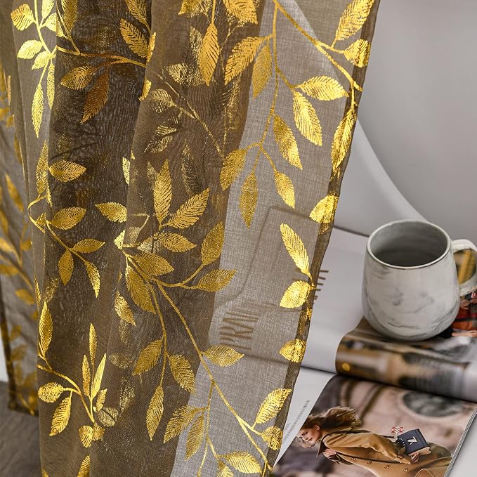 Sutuo Home Sheer Curtains 84 Inch Length 2 Panels Set, Luxury Gold Foil Printed - Image 3