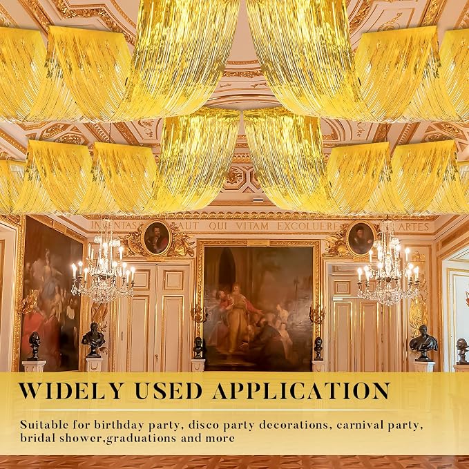 4 Pcs 15ft Gold Metallic Foil Ceiling Fringe Curtains, Party Decor Fringe Drapes - Image 6