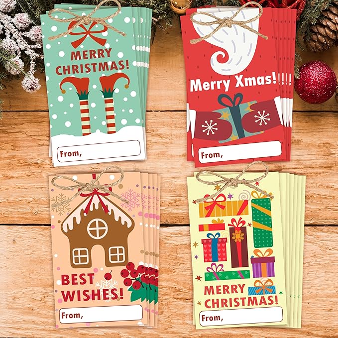 40 Pcs Christmas Gift Tags, 2.1"×3.5" Merry Xmas Paper Tags with String, Hanging Christmas Presents Label Wrapping for Party FavorDecorations, 4 Styles - A04