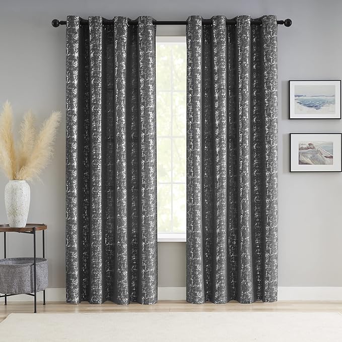 Taisier Home Silver Foil Print Linen Textured Curtains Geometric Dots Pattern - Image 2