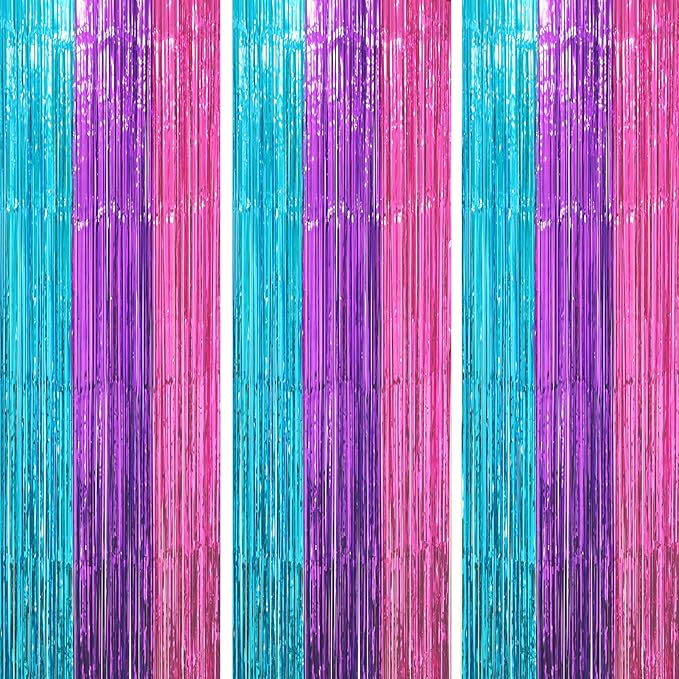 Voircoloria 3 Pack 3.3 x 8.2 ft Blue Purple Pink Foil Fringe Backdrop Curtains by Voircoloria