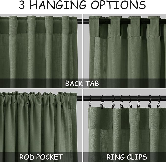 Olive Green Linen Curtains 63 Inches Length 2 Panels Set - Image 3