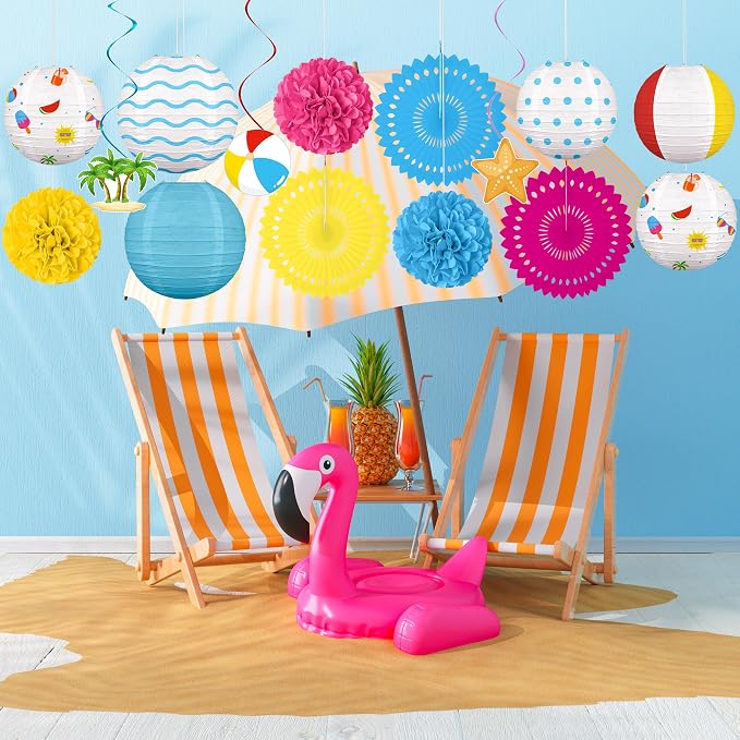 Renbuzhu 15Pcs Beach Party Decorations Paper Lanterns Fans Pom Poms Hanging - Image 2