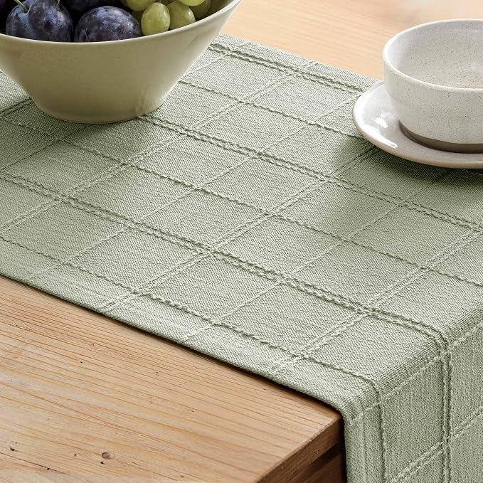Linen Checked Farmhouse Table Runner, 13x36 Inches Seeding Green | Raised Grid - Image 5