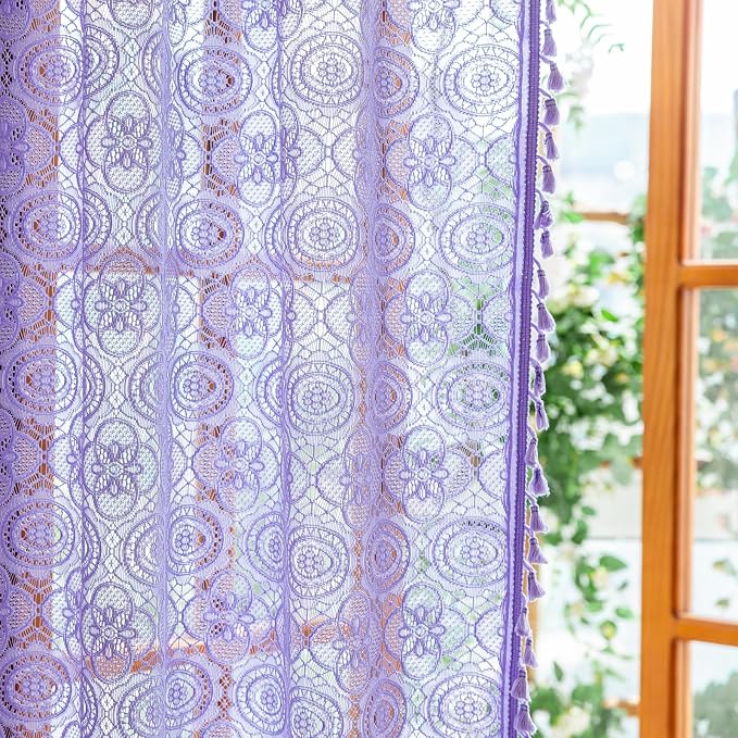 YJ YANJUN Boho Lace Curtains, Light Purple Sheer Panels, 59x84 inch, Pair | - Image 3