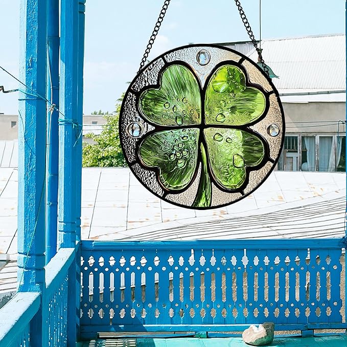 Stained Glass Window Hanging, Green Silver 4 Leaf Clover Sun Catcher for Window Door Home Decor Plant Suncatcher Christmas Mother's Day Birthday Gifts for Women Men Mom Nana 6.3 in
