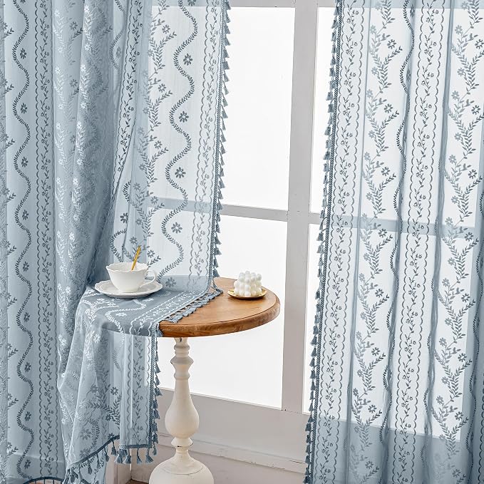 WAZZIO Boho Lace Curtains 2 Panels 84 Inch -Victorian Sheer Panel Drape French - Image 6