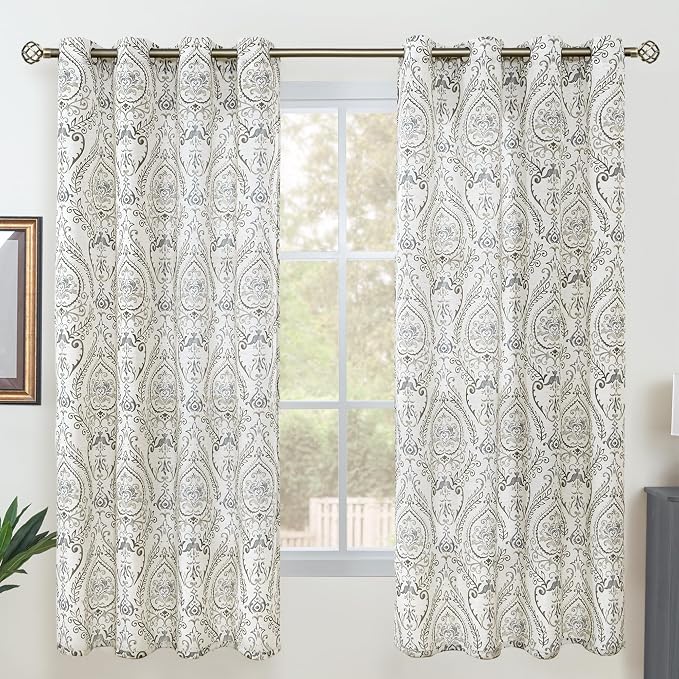 Grey Linen Curtains for Bedroom 63 inch Length, Light Filtering Printed Linen - Image 2