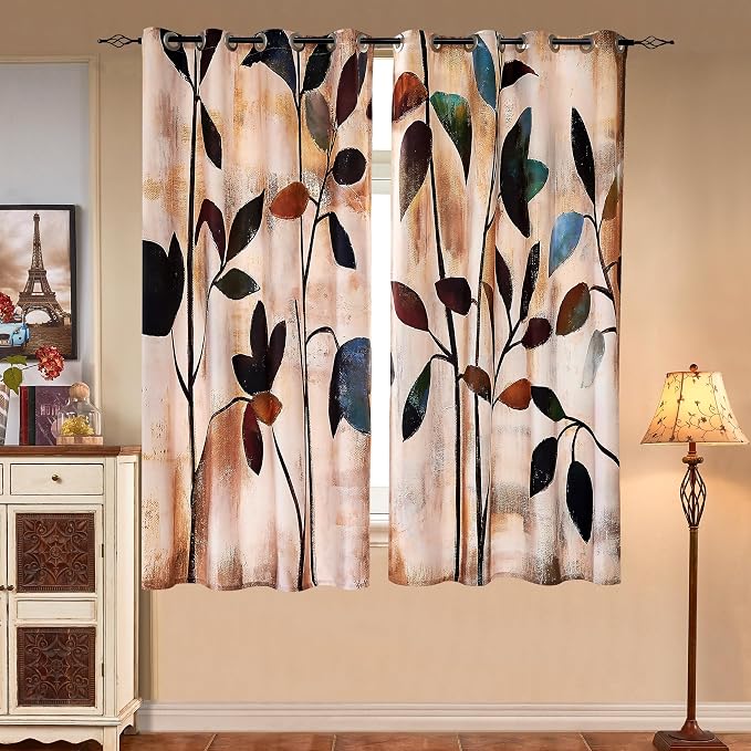 SUBRTEX Boho Leaf Printed Curtains 63 inch Long 2 Panels, Room Darkening - Image 5