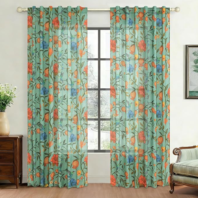 90 Inch Boho Floral Curtains Tropical Bird Print Linen Semi Sheer Window Drapes - Image 8