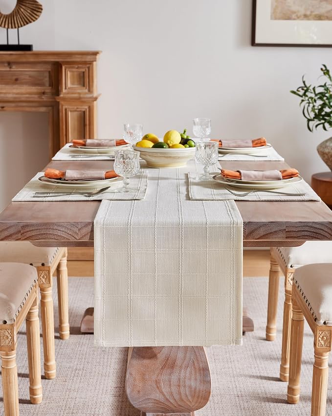 Linen Checked Farmhouse Table Runner, 13x72 Inches Ivory | Raised Grid Design - Image 2