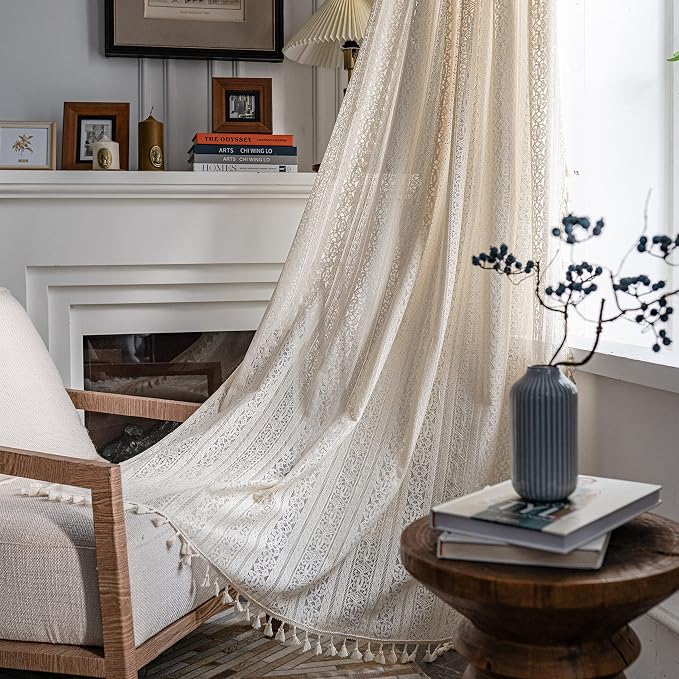 Sutuo Home Boho Curtain Crochet Lace Semi-Sheer Florals Hollow Knitted Handmade by SutuoHome