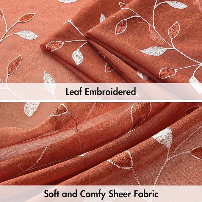 MIULEE Burnt Orange Sheer Fall Curtains 2 Panels Leaf Patterned, W52 x L63 | - Image 4