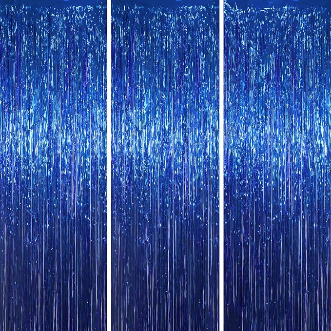 Voircoloria 3 Pack 3.3x8.2 Feet Blue Foil Fringe Backdrop Curtains, Tinsel by Voircoloria