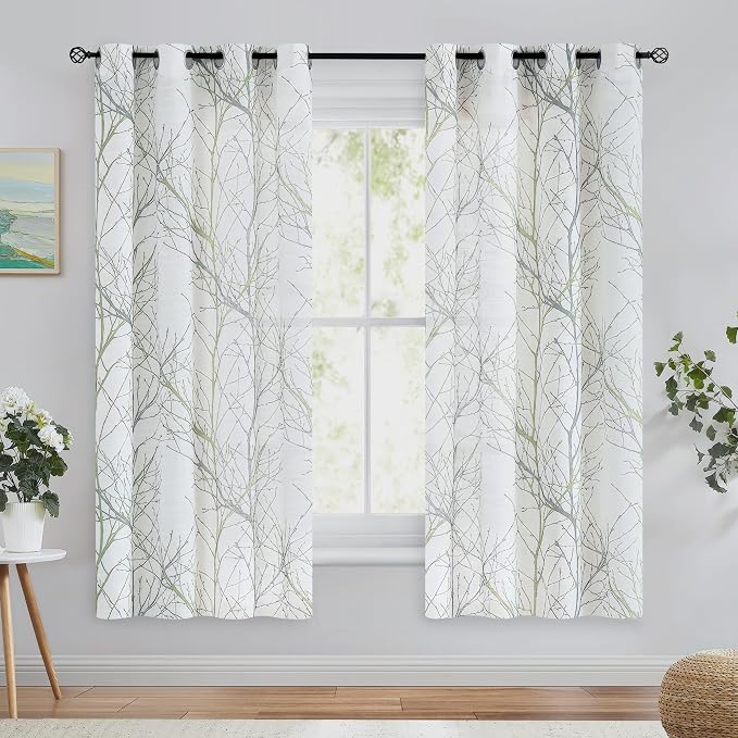 FMFUNCTEX Linen Sage Green White Semi Sheer Print Curtains 63 Inch 2 Panels | - Image 2
